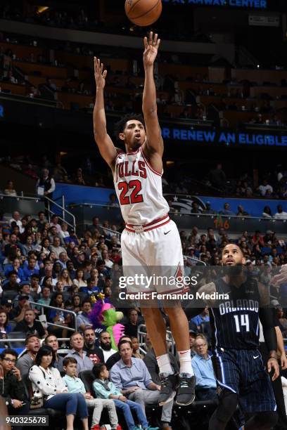 Cameron Payne of the Chicago Bulls shoots the ball against the Orlando Magic on March 30, 2018 at Amway Center in Orlando, Florida. NOTE TO USER:...