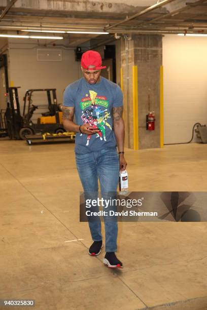 Marcus Georges-Hunt of the Minnesota Timberwolves arrives to the arena prior to the game against the Atlanta Hawks on March 28, 2018 at Target Center...