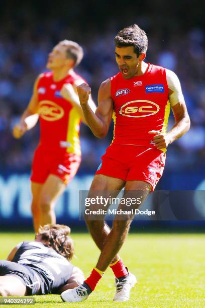 Jack Martin of the Suns celebrates a goal during the round two AFL match between the Carlton Blues and the Gold Coast Suns at Etihad Stadium on March...