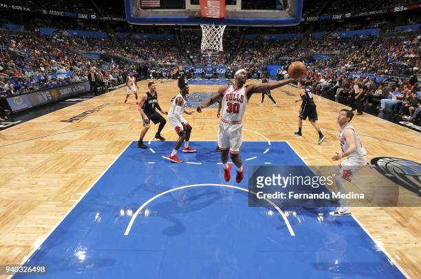 Noah Vonleh of the Chicago Bulls handles the ball against the Orlando Magic on March 30, 2018 at Amway Center in Orlando, Florida. NOTE TO USER: User...