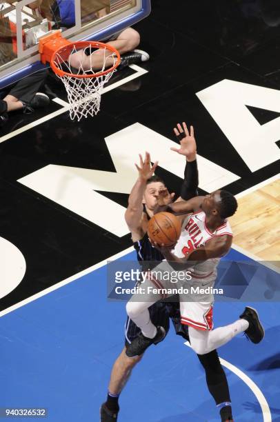 Jerian Grant of the Chicago Bulls drives to the basket against the Orlando Magic on March 30, 2018 at Amway Center in Orlando, Florida. NOTE TO USER:...