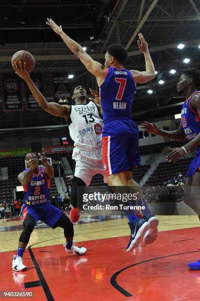 Malcolm Miller of the Raptors 905 goes to the basket against the Grand Rapids Drive during Round One of the NBA G-League playoffs on March 30, 2018...