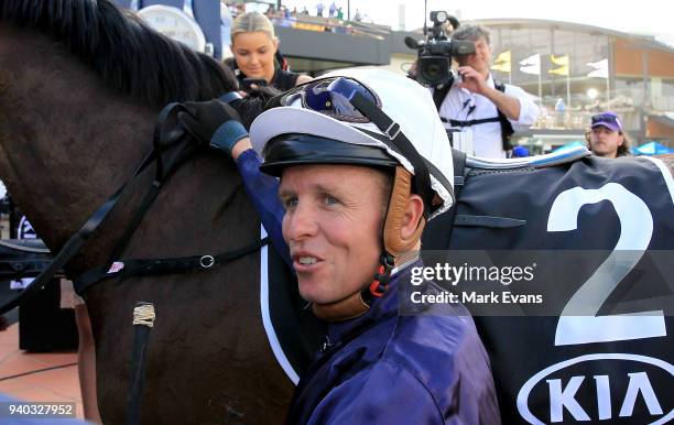 Kerrin McEvoy on Almandin returns to scale after winning race 6 the Tancred Stakes during Sydney Racing at Rosehill Gardens on March 31, 2018 in...