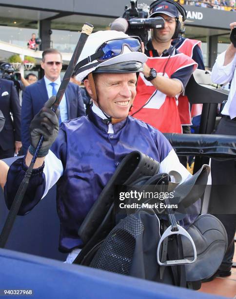 Kerrin McEvoy on Almandin returns to scale after winning race 6 the Tancred Stakes during Sydney Racing at Rosehill Gardens on March 31, 2018 in...