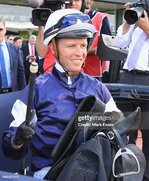 Kerrin McEvoy on Almandin returns to scale after winning race 6 the Tancred Stakes during Sydney Racing at Rosehill Gardens on March 31, 2018 in...