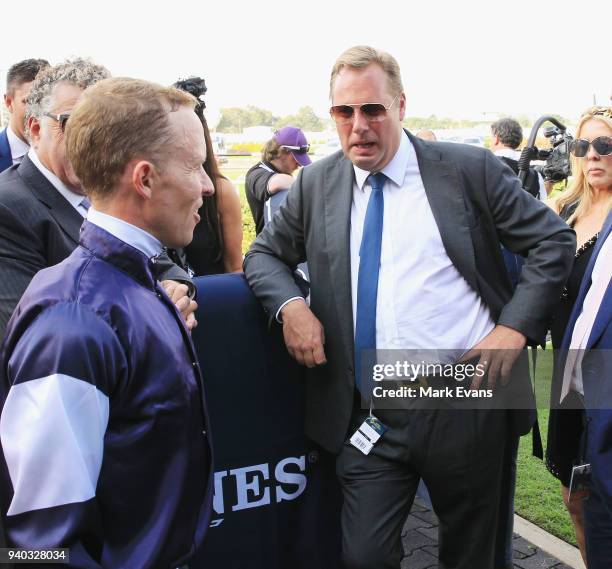 Kerrin McEvoy talks to trainer Liam Howley after winning race 6 The Tancred Stakes on Almandin during Sydney Racing at Rosehill Gardens on March 31,...