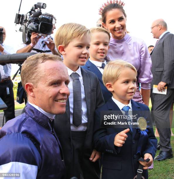 Kerrin McEvoy poses with wife Cathy and their kids after winning race 6 The Tancred Stakes during Sydney Racing at Rosehill Gardens on March 31, 2018...
