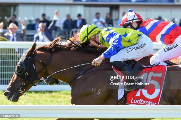 No Commitment ridden by Ben E Thompson wins the Robert Taranto Handicap, at Caulfield Racecourse on March 31, 2018 in Caulfield, Australia.