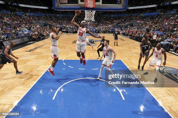 Noah Vonleh of the Chicago Bulls drives to the basket against the Orlando Magic on March 30, 2018 at Amway Center in Orlando, Florida. NOTE TO USER:...