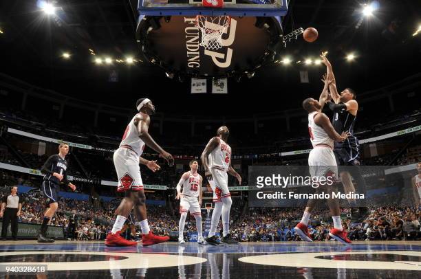 Nikola Vucevic of the Orlando Magic shoots the ball against the Chicago Bulls on March 30, 2018 at Amway Center in Orlando, Florida. NOTE TO USER:...