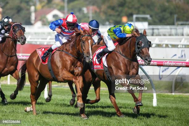 No Commitment ridden by Ben E Thompson wins the Robert Taranto Handicap, at Caulfield Racecourse on March 31, 2018 in Caulfield, Australia.