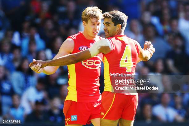 LMELBOURNE, AUSTRALIA during the round two AFL match between the Carlton Blues and the Gold Coast Suns at Etihad Stadium on March 31, 2018 in...