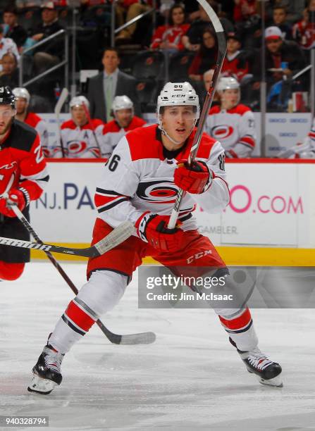 Teuvo Teravainen of the Carolina Hurricanes in action against the New Jersey Devils on March 27, 2018 at Prudential Center in Newark, New Jersey. The...