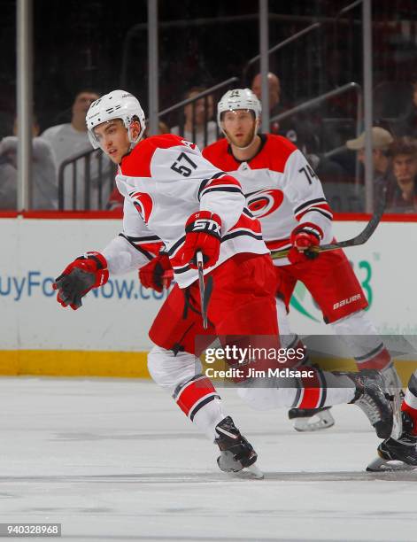 Trevor van Riemsdyk of the Carolina Hurricanes in action against the New Jersey Devils on March 27, 2018 at Prudential Center in Newark, New Jersey....