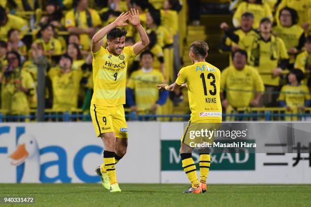 Cristiano and Ryuta Koike of Kashiwa Reysol celebrate their second goal during the J.League J1 match between Kashiwa Reysol and Vissel Kobe at Sankyo...