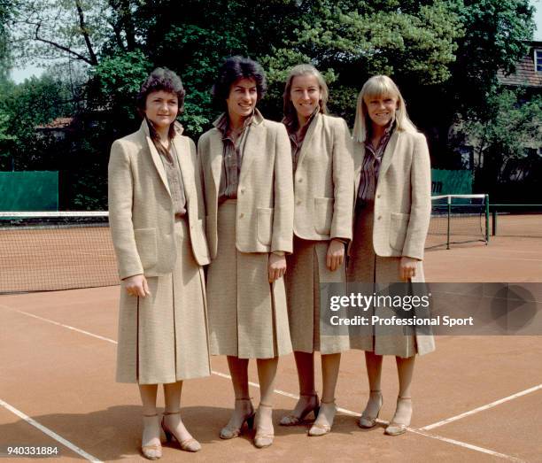 British tennis players Sue Mappin, Virginia Wade, Glynis Coles and Sue Barker pose together during the Wightman Cup tennis competition at West Palm...