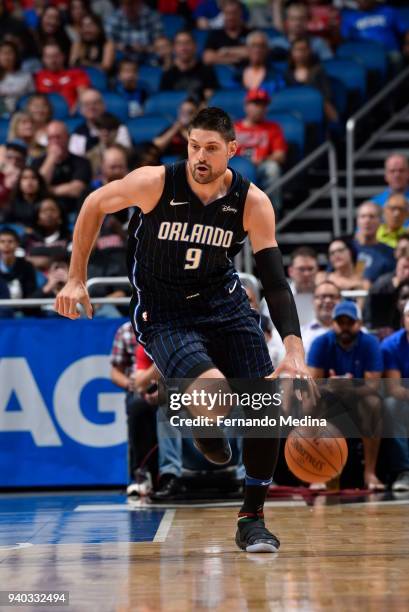 Nikola Vucevic of the Orlando Magic handles the ball against the Chicago Bulls on March 30, 2018 at Amway Center in Orlando, Florida. NOTE TO USER:...