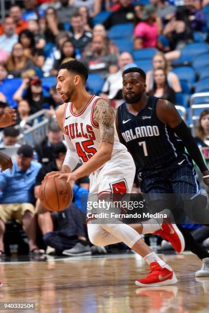 Denzel Valentine of the Chicago Bulls handles the ball against the Orlando Magic on March 30, 2018 at Amway Center in Orlando, Florida. NOTE TO USER:...