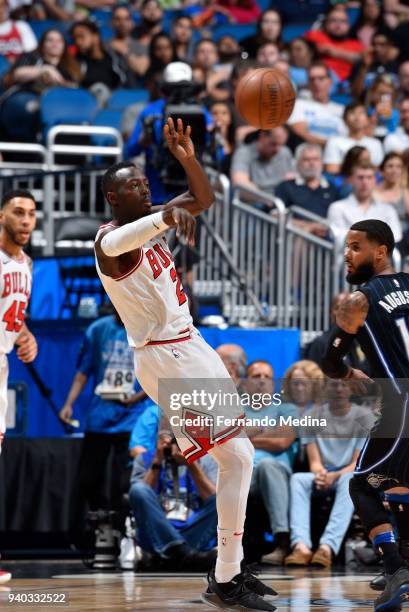 Jerian Grant of the Chicago Bulls passes the ball against the Orlando Magic on March 30, 2018 at Amway Center in Orlando, Florida. NOTE TO USER: User...