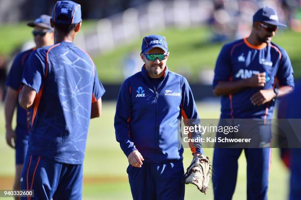 Head Coach Mike Hesson of New Zealand looks on prior to day two of the Second Test match between New Zealand and England at Hagley Oval on March 31,...