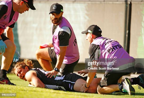 Tim Broomhead of the Magpies lies on the field with a broken leg during the round two AFL match between the Collingwood Magpies and the Greater...