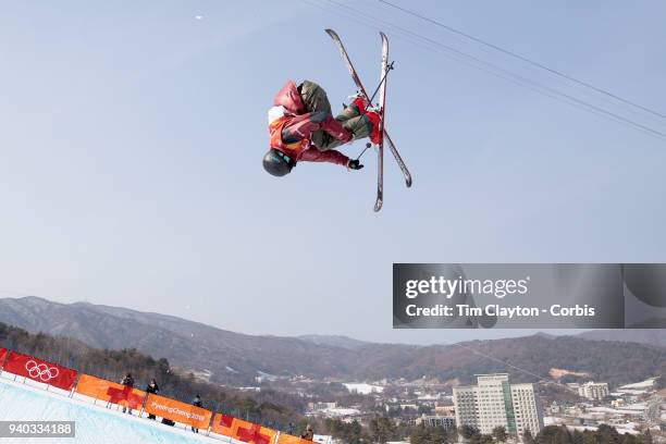 Mike Riddle of Canada in action during the Freestyle Skiing - Men's Ski Halfpipe qualification day at Phoenix Snow Park on February 20, 2018 in...