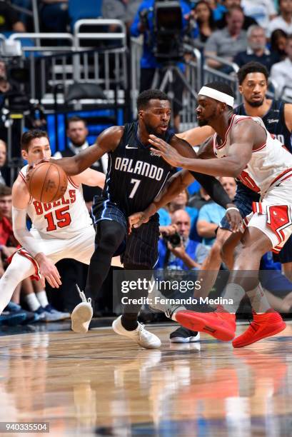 Shelvin Mack of the Orlando Magic handles the ball against the Chicago Bulls on March 30, 2018 at Amway Center in Orlando, Florida. NOTE TO USER:...