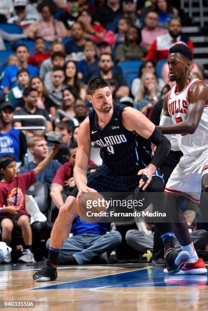 Nikola Vucevic of the Orlando Magic handles the ball against the Chicago Bulls on March 30, 2018 at Amway Center in Orlando, Florida. NOTE TO USER:...