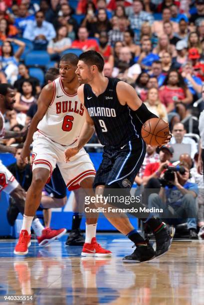 Nikola Vucevic of the Orlando Magic handles the ball against the Chicago Bulls on March 30, 2018 at Amway Center in Orlando, Florida. NOTE TO USER:...