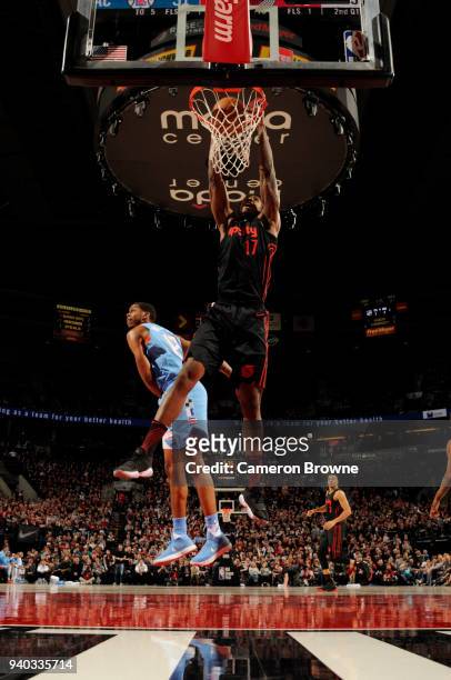 Ed Davis of the Portland Trail Blazers dunks the ball against the LA Clippers on March 30, 2018 at the Moda Center Arena in Portland, Oregon. NOTE TO...