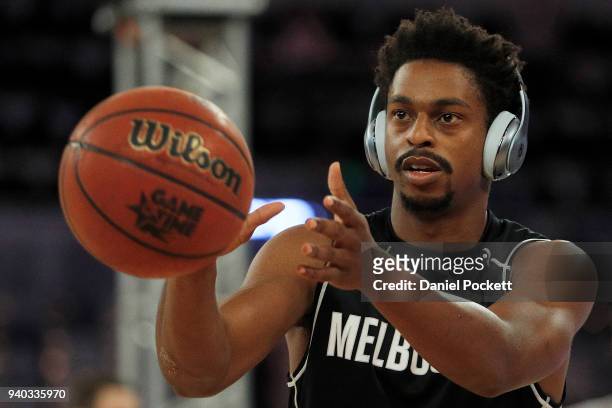 Casper Ware of Melbourne United warms up before game five of the NBL Grand Final series between Melbourne United and the Adelaide 36ers at Hisense...