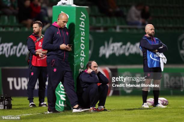 Coach Julien Dupuy and Sergio Parisse of Stade Francais during the Challenge Cup match between Section Paloise and Stade Francais on March 30, 2018...