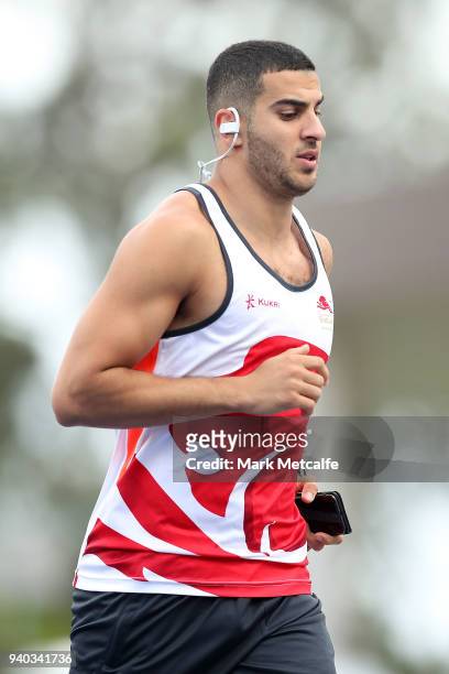 Adam Gemili trains during a Team England media opportunity ahead of the 2018 Gold Coast Commonwealth Games, at Queensland Sport and Athletics Centre...