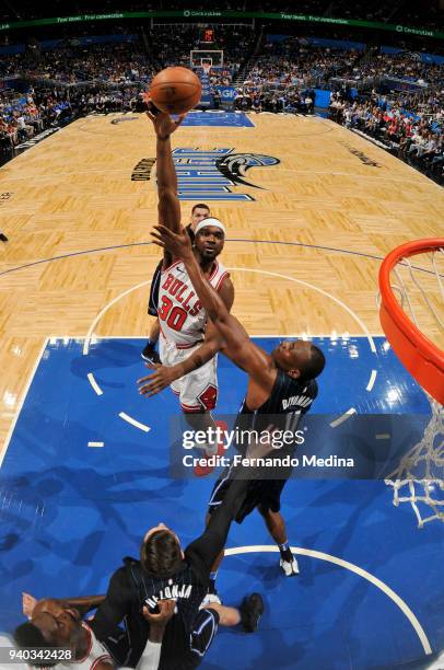 Noah Vonleh of the Chicago Bulls shoots the ball against the Orlando Magic on March 30, 2018 at Amway Center in Orlando, Florida. NOTE TO USER: User...