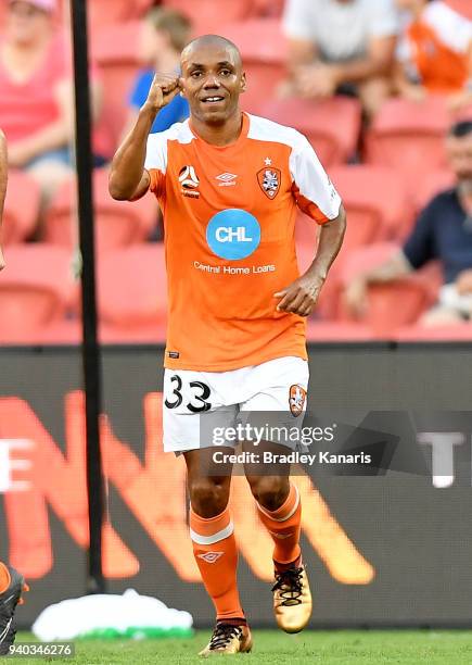 Henrique of the Roar celebrates scoring a goal during the round 25 A-League match between the Brisbane Roar and the Central Coast Mariners at Suncorp...