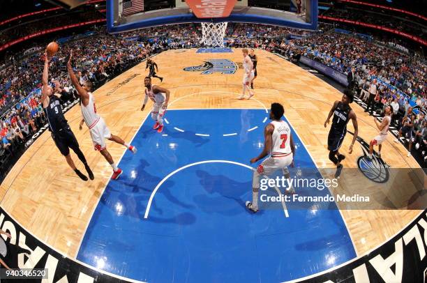 Nikola Vucevic of the Orlando Magic shoots the ball against the Chicago Bulls on March 30, 2018 at Amway Center in Orlando, Florida. NOTE TO USER:...