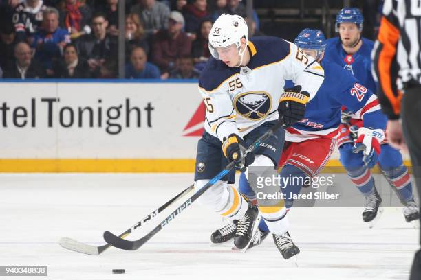 Rasmus Ristolainen of the Buffalo Sabres skates with the puck against the New York Rangers at Madison Square Garden on March 24, 2018 in New York...