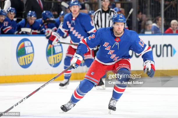 Peter Holland of the New York Rangers skates against the Buffalo Sabres at Madison Square Garden on March 24, 2018 in New York City. The New York...