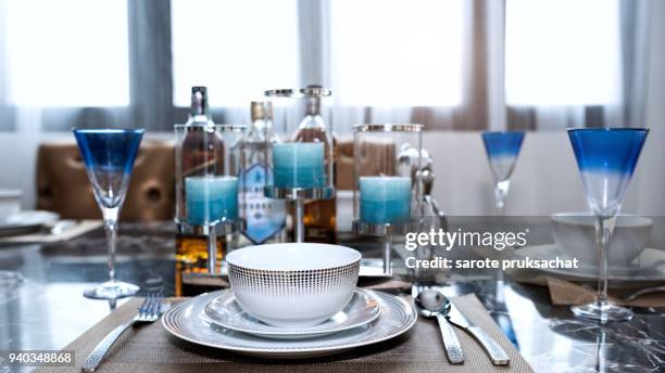 romantic dinner setting. formal dinner service at a wedding banquet - formal dining stock pictures, royalty-free photos & images