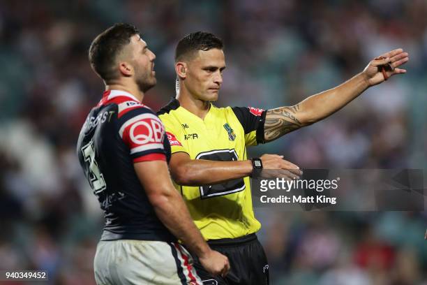 Referee Henry Perenara awards a penalty to the Warriors during the round four NRL match between the Sydney Roosters and the New Zealand Warriors at...