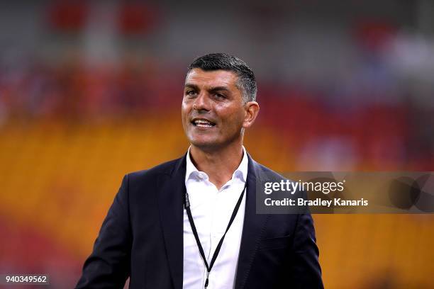 Coach John Aloisi of the Roar watches on during the round 25 A-League match between the Brisbane Roar and the Central Coast Mariners at Suncorp...