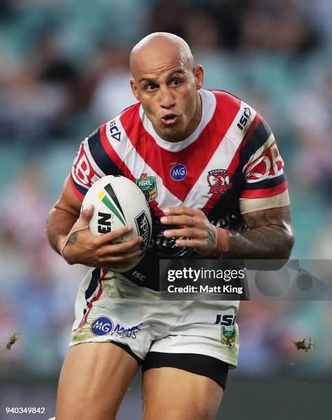 Blake Ferguson of the Roosters runs with the ball during the round four NRL match between the Sydney Roosters and the New Zealand Warriors at Allianz...