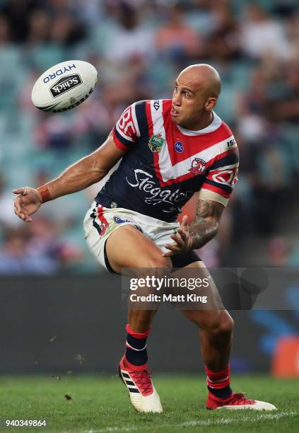 Blake Ferguson of the Roosters juggles the ball during the round four NRL match between the Sydney Roosters and the New Zealand Warriors at Allianz...