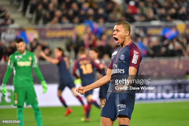 Joy for Kylian Mbappe of PSG during the Final of the French League Cup between Paris Saint Germain and AS Monaco on March 31, 2018 in Bordeaux,...