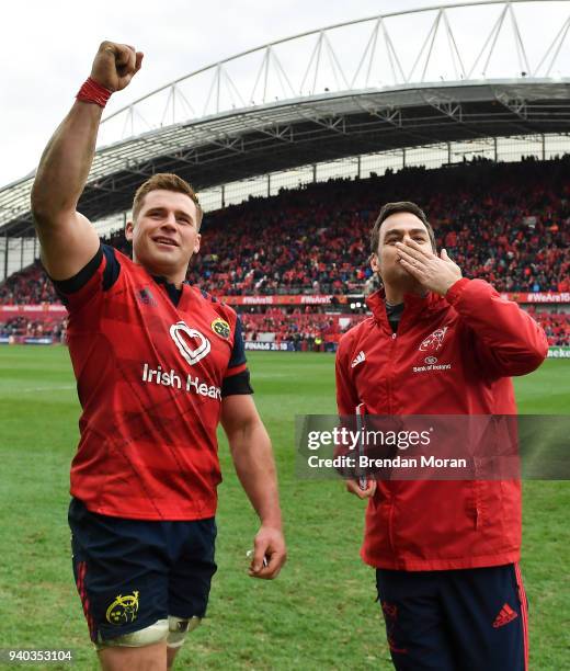 Limerick , Ireland - 31 March 2018; Munster's CJ Stander, left, and head coach Johann van Graan celebrate after the European Rugby Champions Cup...