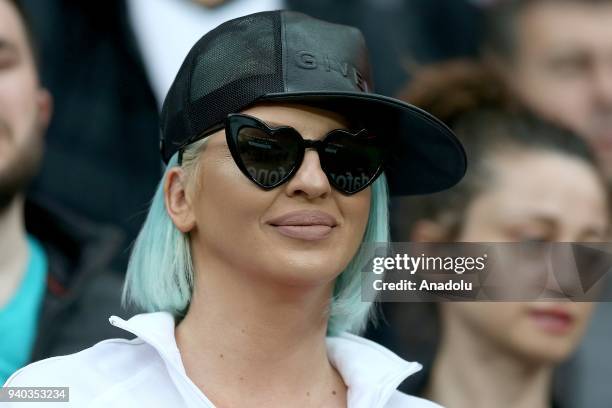 Jelena Karleusa, wife of Besiktas' player Dusko Tosic watches a Turkish Super Lig week 27 soccer match between Besiktas and Aytemiz Alanyaspor at...