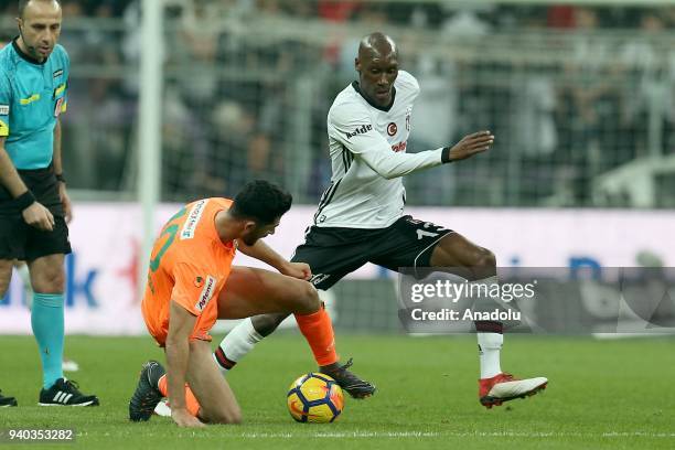 Atiba Hutchinson of Besiktas in action against Baris Basdas of Aytemiz Alanyaspor during a Turkish Super Lig week 27 soccer match between Besiktas...