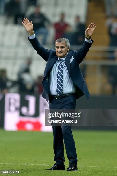 Head coach Senol Gunes of Besiktas greets supporters ahead of a Turkish Super Lig week 27 soccer match between Besiktas and Aytemiz Alanyaspor at...