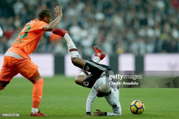 Anderson Talisca of Besiktas in action against Welinton Souza of Aytemiz Alanyaspor during a Turkish Super Lig week 27 soccer match between Besiktas...