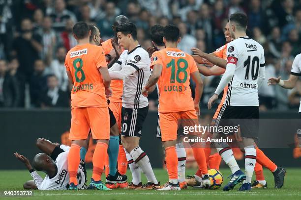 Necip Uysal of Besiktas argues with players of Aytemiz Alanyaspor during a Turkish Super Lig week 27 soccer match between Besiktas and Aytemiz...